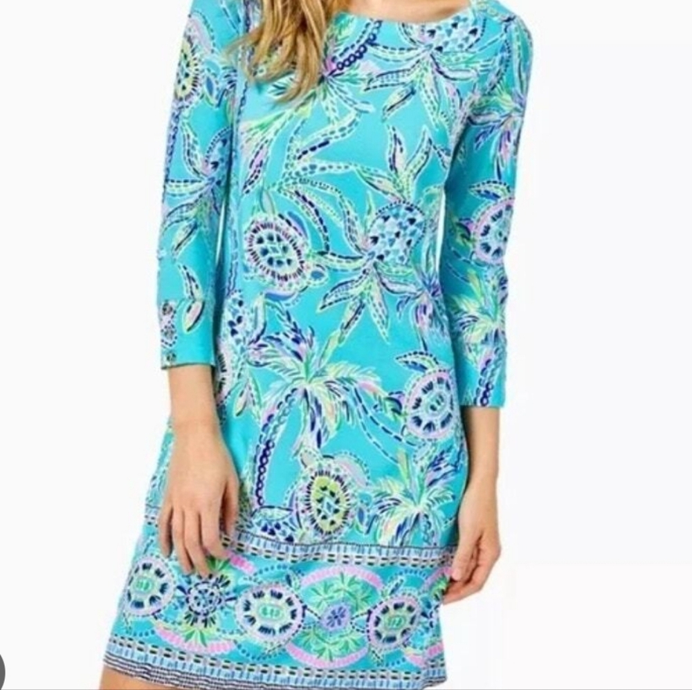 Lilly Pulitzer Turquoise Palm-Print Long Sleeve Dress